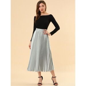 Silver Metallic Shiny Pleated Midi Skirt